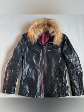 Slim Black Buffalo Leather Jacket With Fur Collar - Unisex